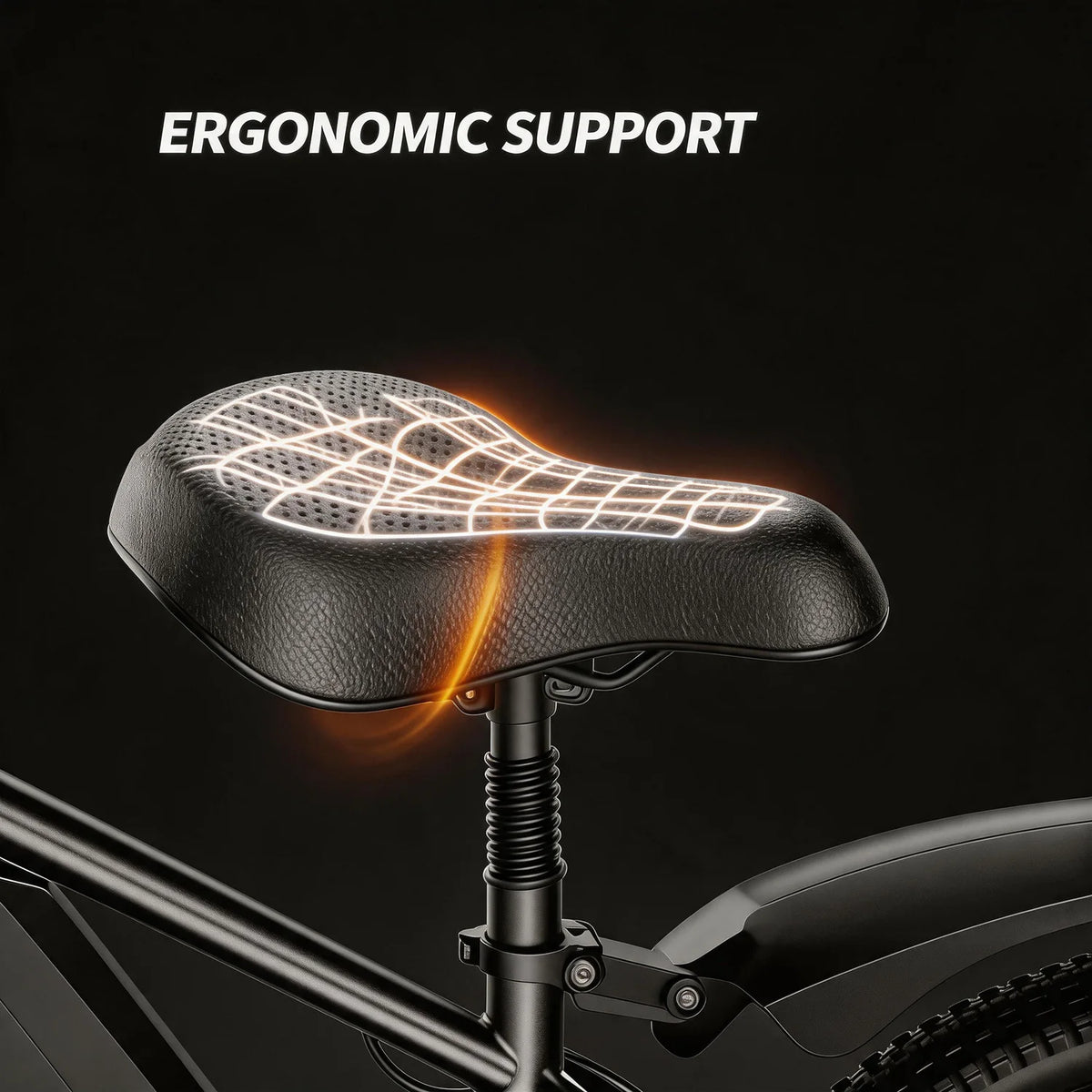 Close-up of a bicycle seat with the words 'ERGONOMIC SUPPORT' above it. The seat is black with a textured surface and a glowing white ergonomic contour pattern, shown against a dark background with a small orange glow indicating support contouring.