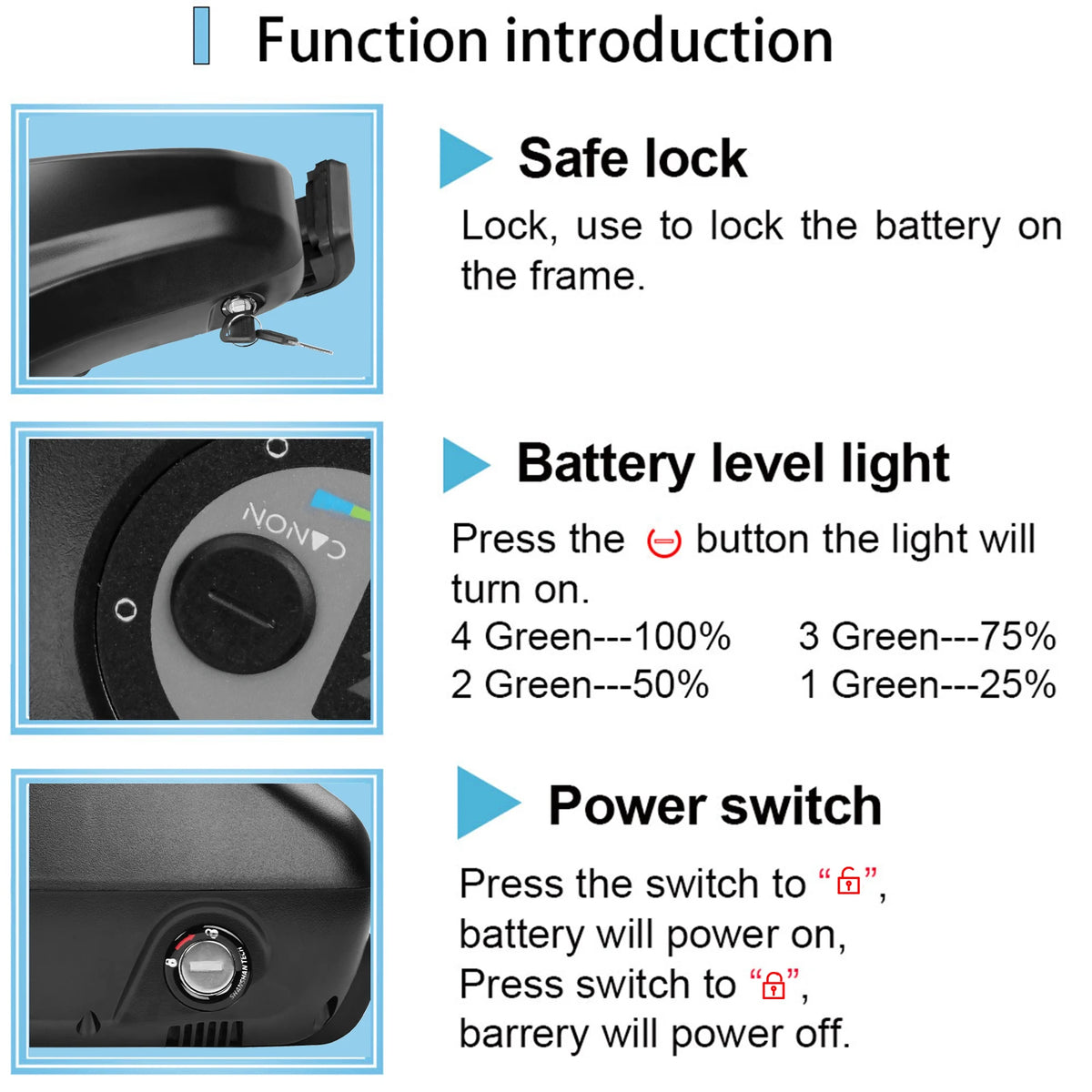 Function introduction diagram with safe lock, battery level light, and power switch labels.
