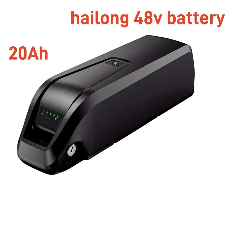 A black 48V 20Ah lithium-ion battery for electric scooters, shown on a white background with promotional text, an American flag graphic, a shipping truck illustration, and a DHL free shipping banner.