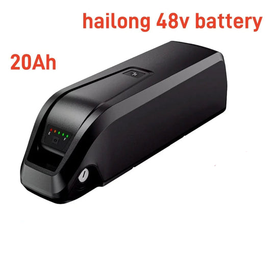 A black 48V 20Ah lithium-ion battery for electric scooters, shown on a white background with promotional text, an American flag graphic, a shipping truck illustration, and a DHL free shipping banner.