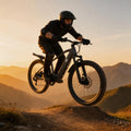 A mountain biker in full black gear jumps a black full-suspension mountain bike over a dirt ramp, set against a warm golden sunset over mountain ranges.