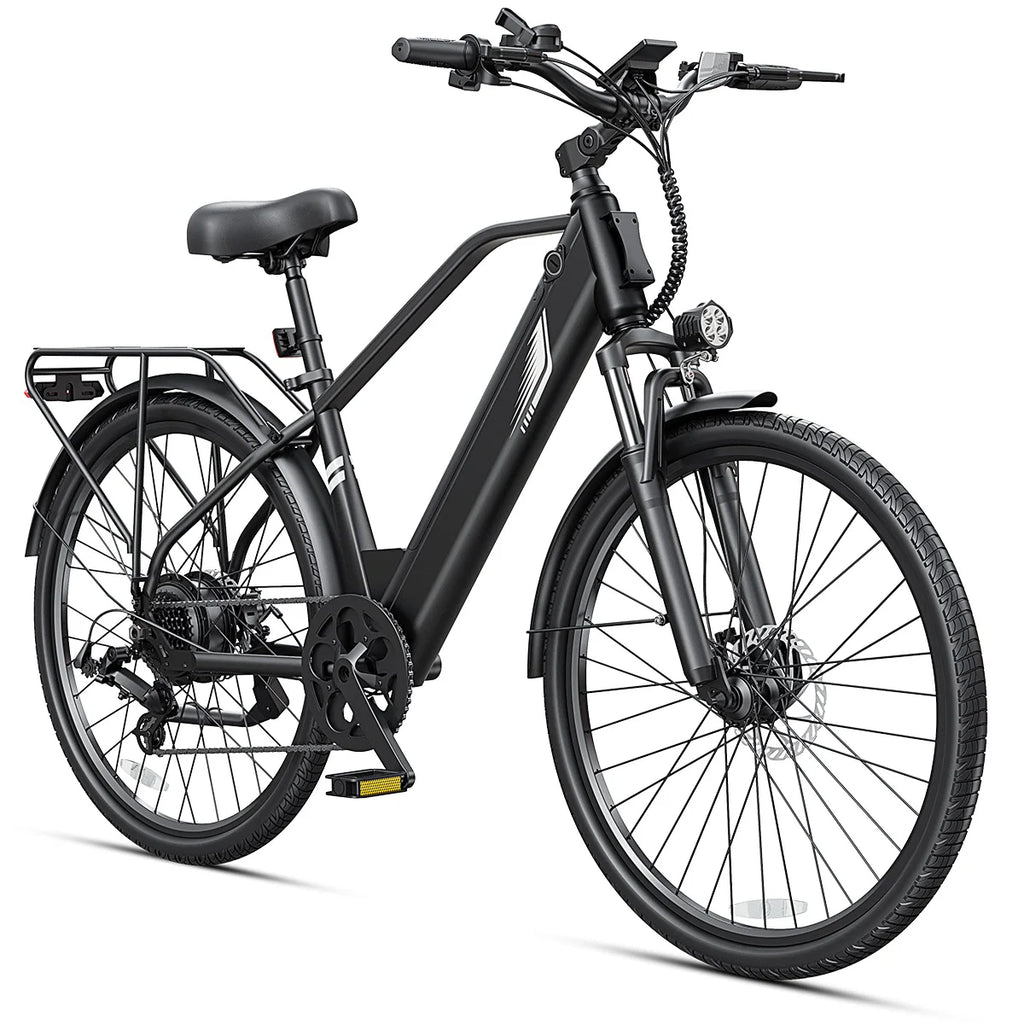 A matte black electric bicycle with a step-through frame, front suspension fork, rear rack, fenders, and a black saddle, shown on a clean white background.