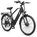 A matte black electric bicycle with a step-through frame, front suspension fork, rear rack, fenders, and a black saddle, shown on a clean white background.