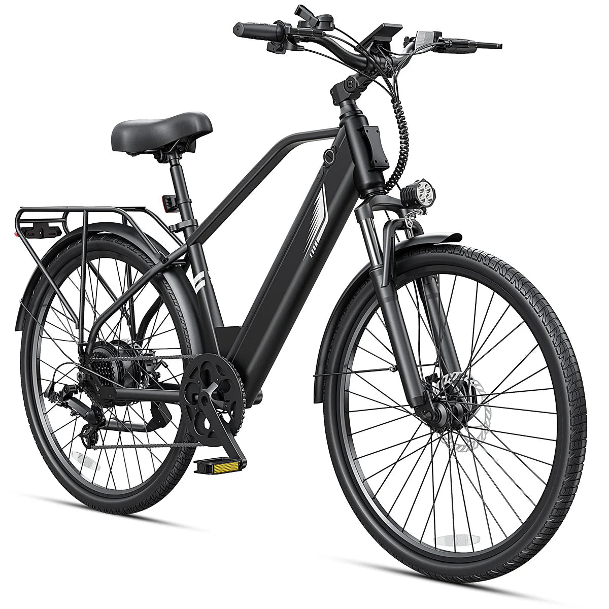 A matte black electric bicycle with a step-through frame, front suspension fork, rear rack, fenders, and a black saddle, shown on a clean white background.