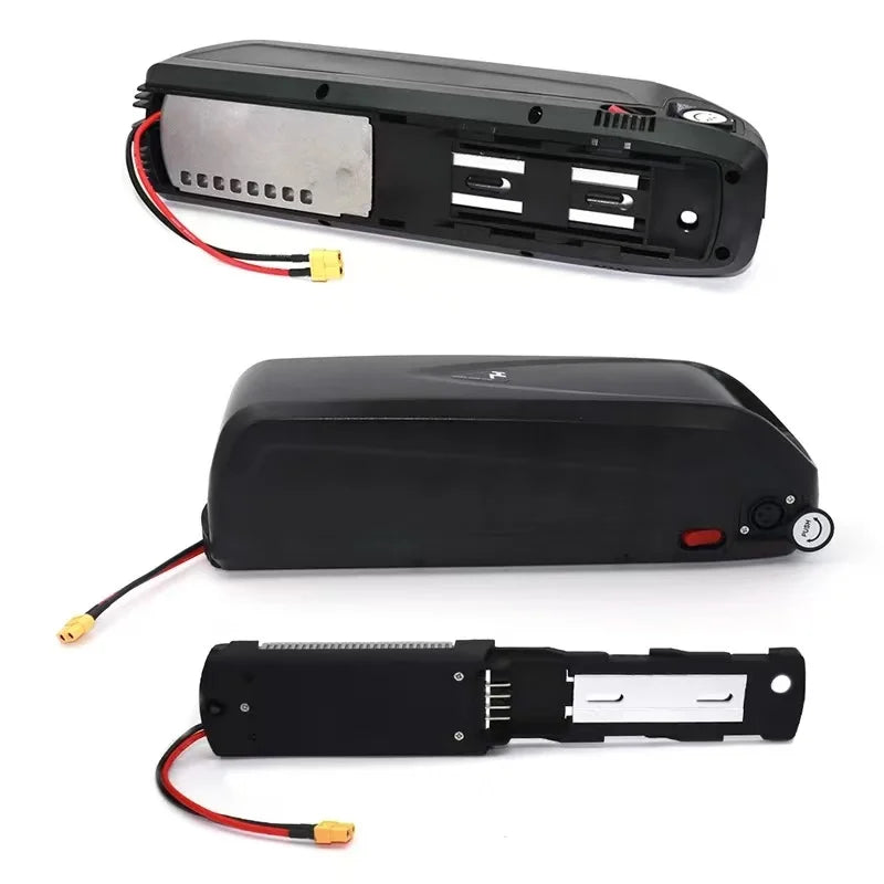Three views of a black rectangular electric bike battery pack with attached red and black wires and a yellow connector, shown on a white background.