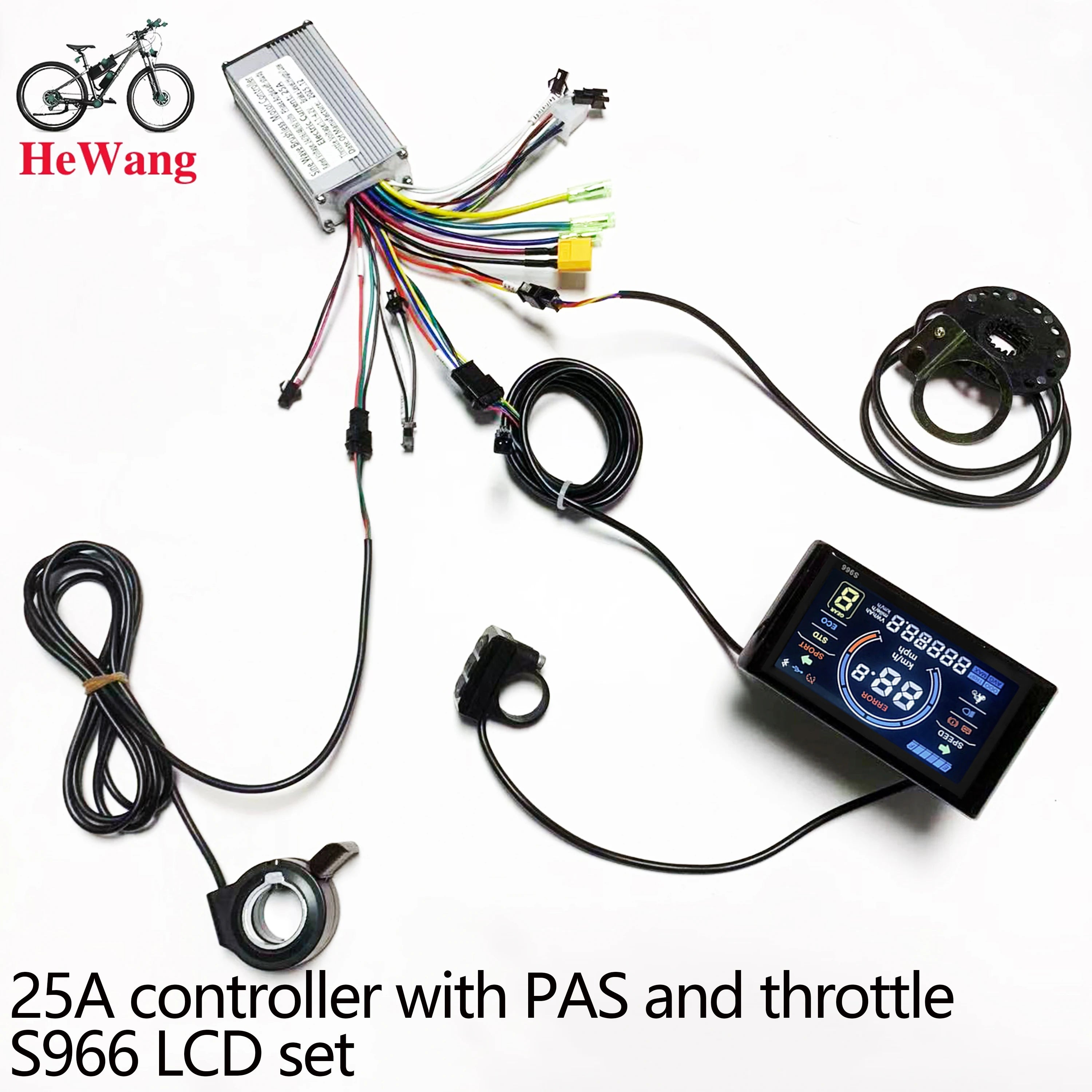 25A controller with PAS and throttle S966 LCD set by HeWang on a white background