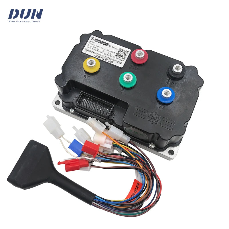 An electric drive control module with a black casing, four colored terminal buttons (yellow, green, blue, black), a connector port, and attached wiring with a black plastic connector tool, shown on a white background with a DUN logo in the top-left corner.