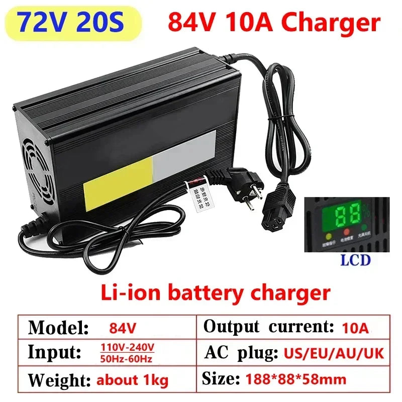 Black 84V 8A Li-ion battery charger with a power cord, shown on a white background with text specs and a small LCD display inset.
