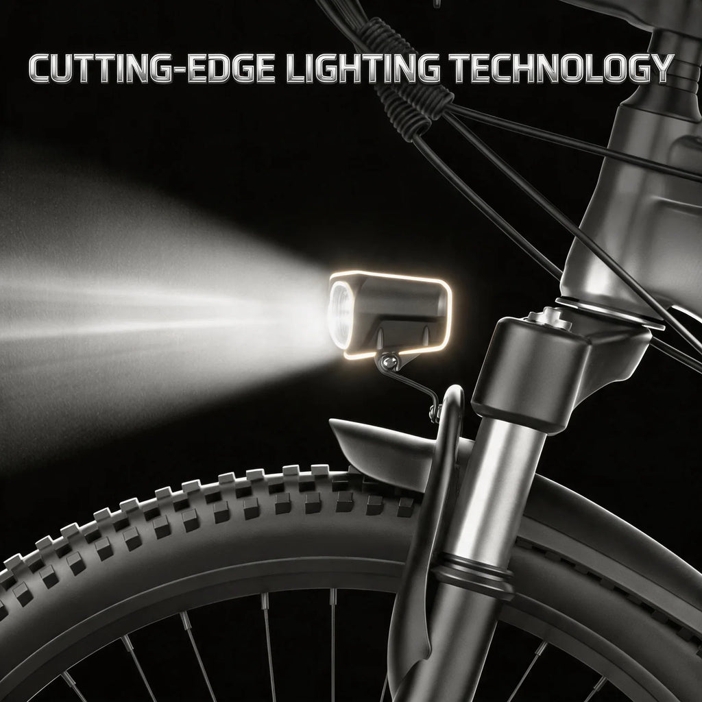 A close-up of a bicycle front light mounted on the fork, casting a bright beam of light. The image features a dark background, a bicycle wheel and fork, and the text 'CUTTING-EDGE LIGHTING TECHNOLOGY' at the top.