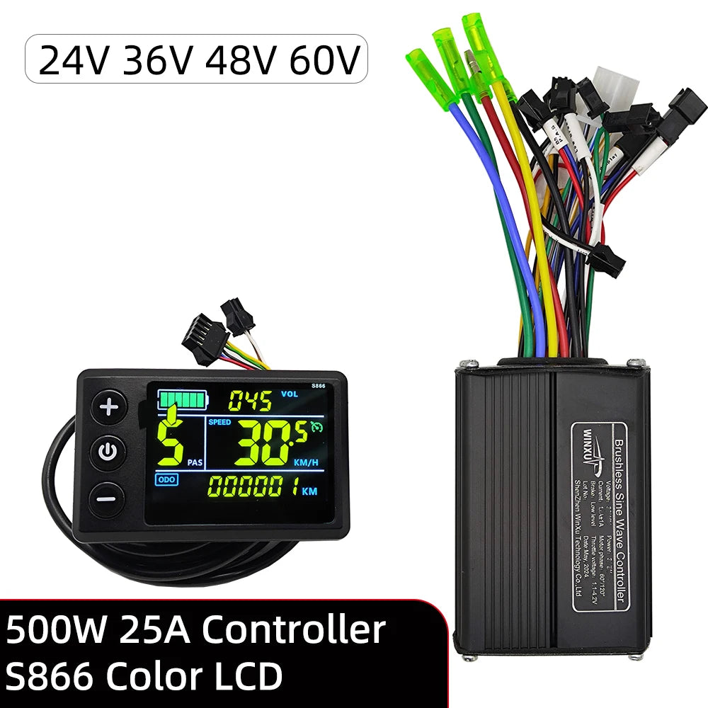 A 500W 25A motorcycle controller kit with a digital color LCD display controller and a black electronic controller box with multicolored wiring, shown on a white background with text overlays.