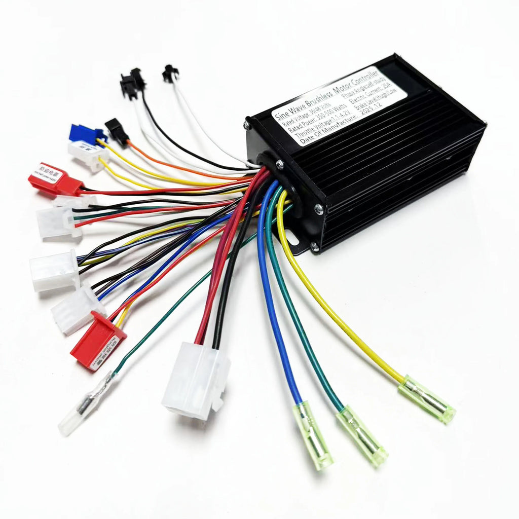 A black aluminum motor controller box with multiple colored wires and connectors, photographed on a clean white background.