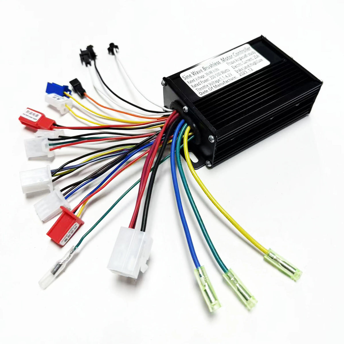 A black aluminum motor controller box with multiple colored wires and connectors, photographed on a clean white background.