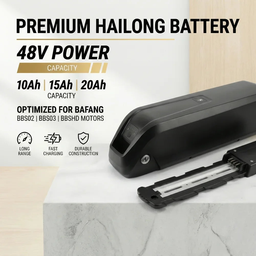 A black Hailong 48V battery shown on a white marble surface with promotional text highlighting 10Ah, 15Ah, and 20Ah capacities and compatibility with Bafang motors.