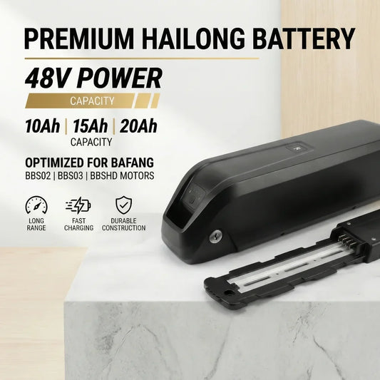 A black Hailong 48V battery shown on a white marble surface with promotional text highlighting 10Ah, 15Ah, and 20Ah capacities and compatibility with Bafang motors.