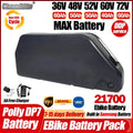A black Ebike Battery pack by ChamRito, shown on a white background with multiple text overlays detailing voltage, amp-hour capacities, shipping logos, and a free charger.