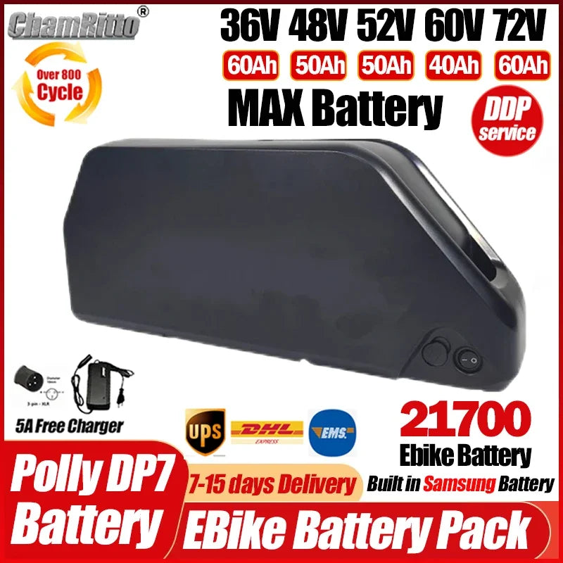 A black Ebike Battery pack by ChamRito, shown on a white background with multiple text overlays detailing voltage, amp-hour capacities, shipping logos, and a free charger.