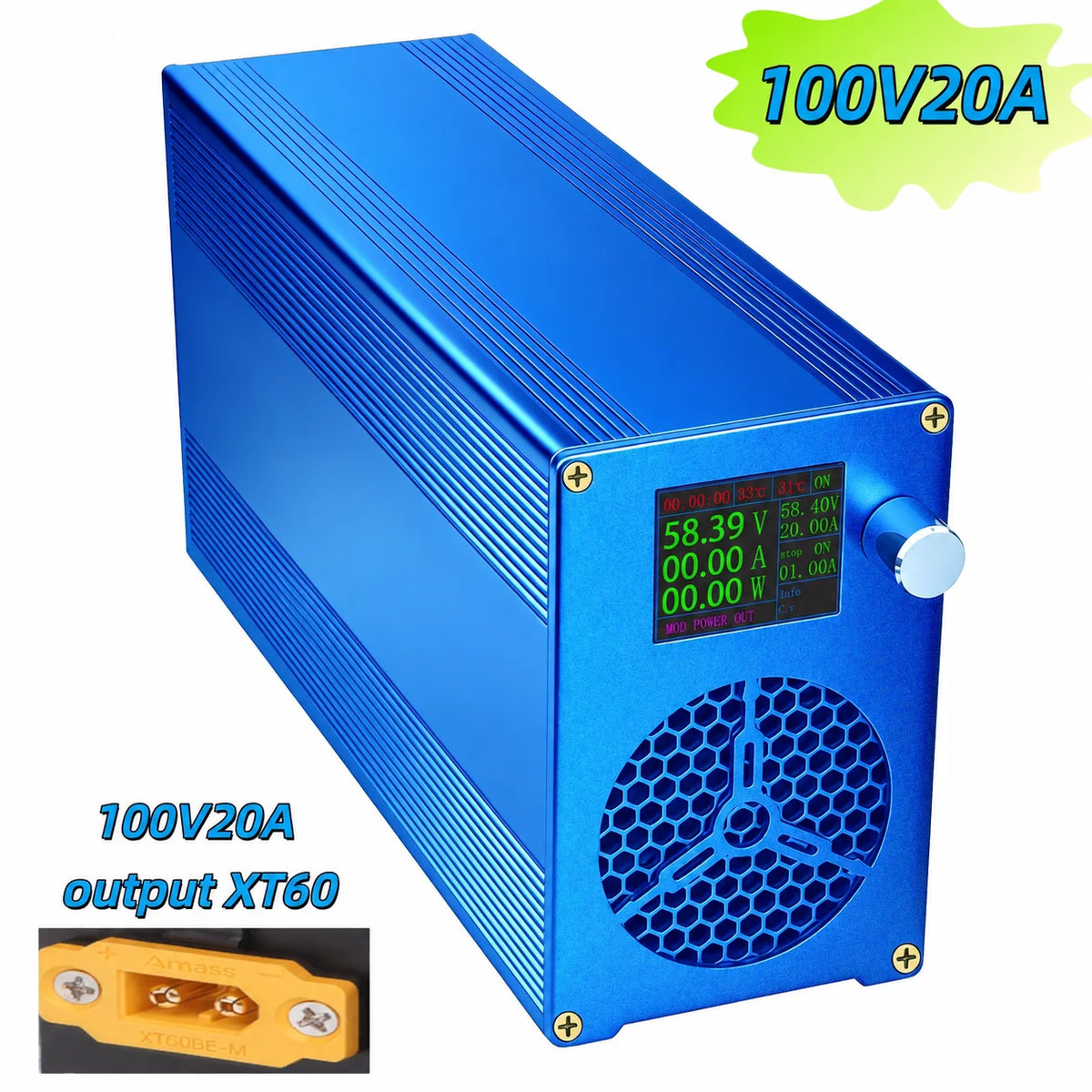 A blue aluminum power supply/inverter box with a digital display screen and a silver rotary knob on the front panel. The image includes text overlays reading '100V20A' and '100V20A output XT60' along with a small inset showing the XT60 terminal block.