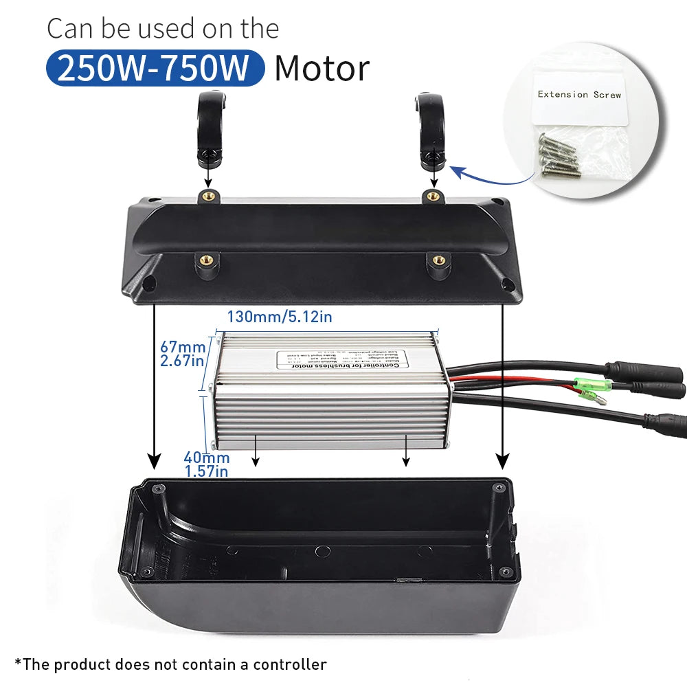 An electronic motor controller kit diagram showing a black plastic enclosure, a silver metal power supply module, and attached black/red wire leads, with text indicating use for a 250W-750W motor and dimension labels. A small inset shows extension screws.