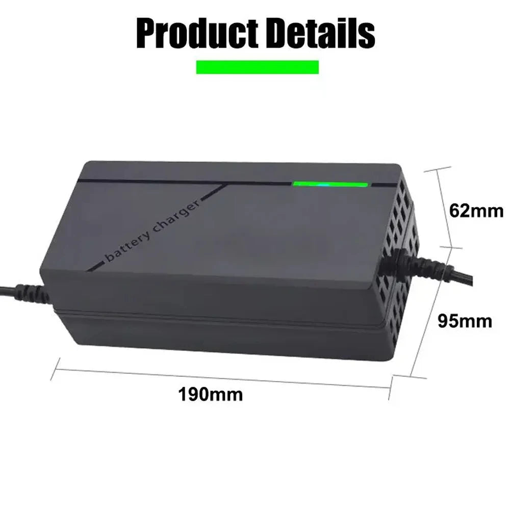 Battery charger with dimensions labeled on a white background