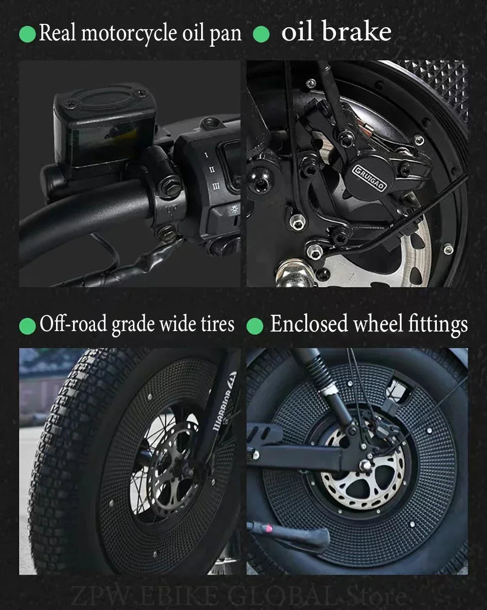 Motorcycle parts including oil pan, brake system, tires, and wheel fittings with text labels.