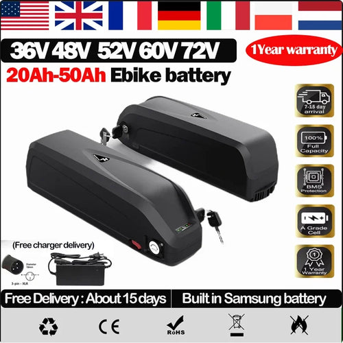 ChamRider 48V 45Ah huge capacity Hailong ebike battery showing side USB charging port interface