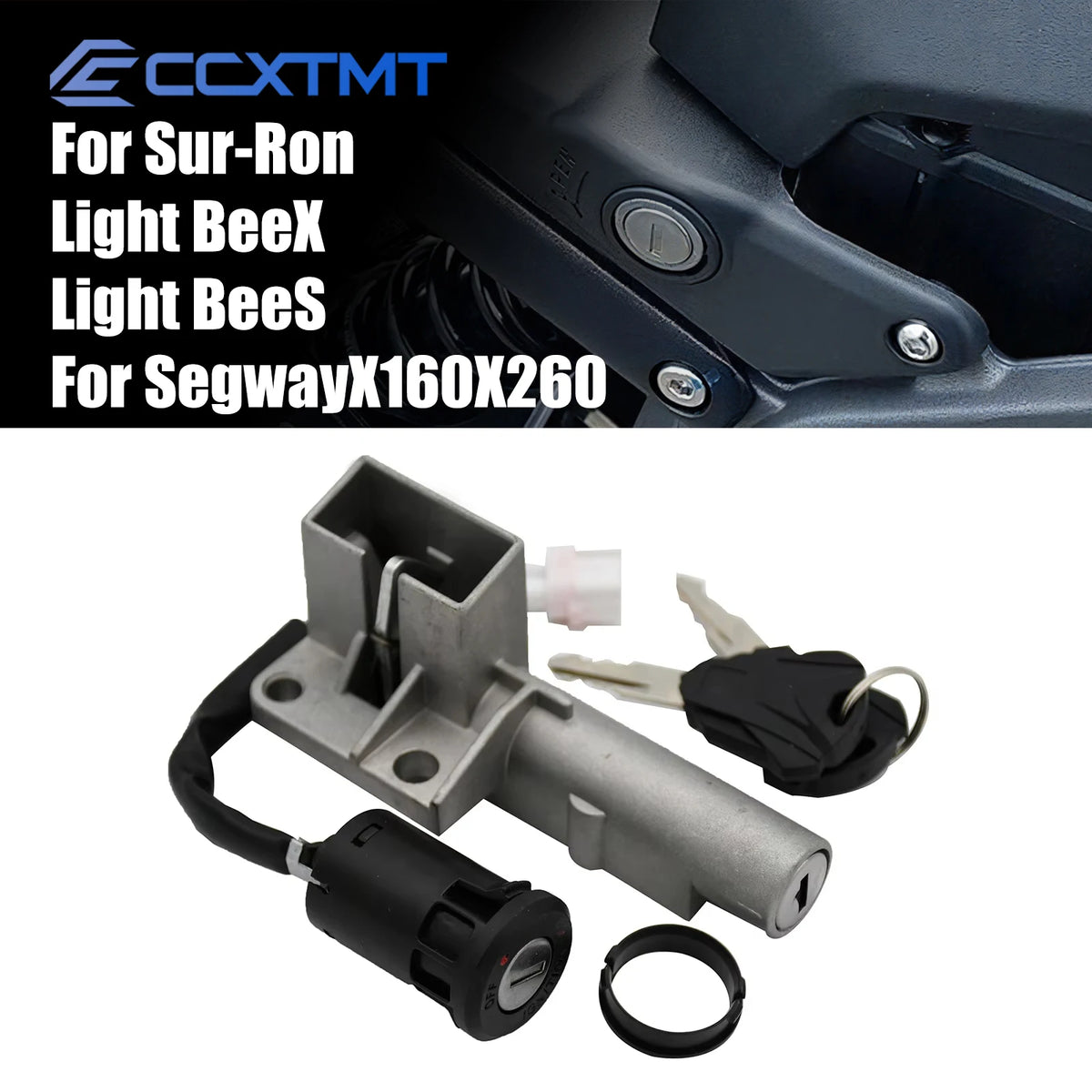 Motorcycle ignition lock cylinder kit with key and ring, shown below a photo of a Sur-Ron and Segway X160X260 light panel. Brand text 'CCXTMT' is visible at the top.
