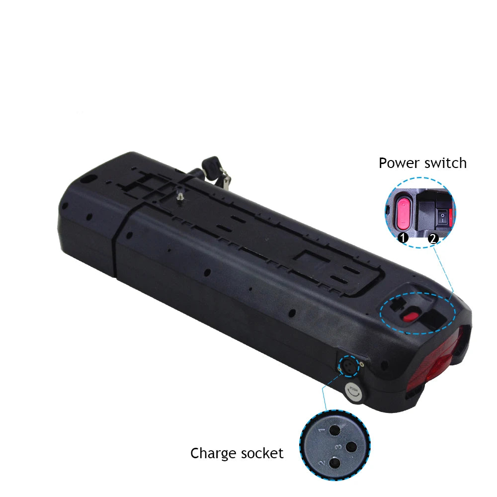 A black rectangular power bank or battery charger shown on a white background, with callout circles and labels pointing to a power switch and a charge socket.