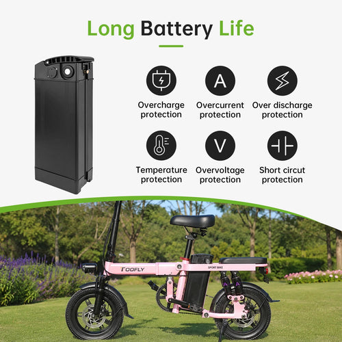 A promotional graphic for a portable electric battery pack. The top half shows a black rectangular battery pack on a white background with text and icons detailing its protections (overcharge, overcurrent, over discharge, temperature, overvoltage, short circuit).