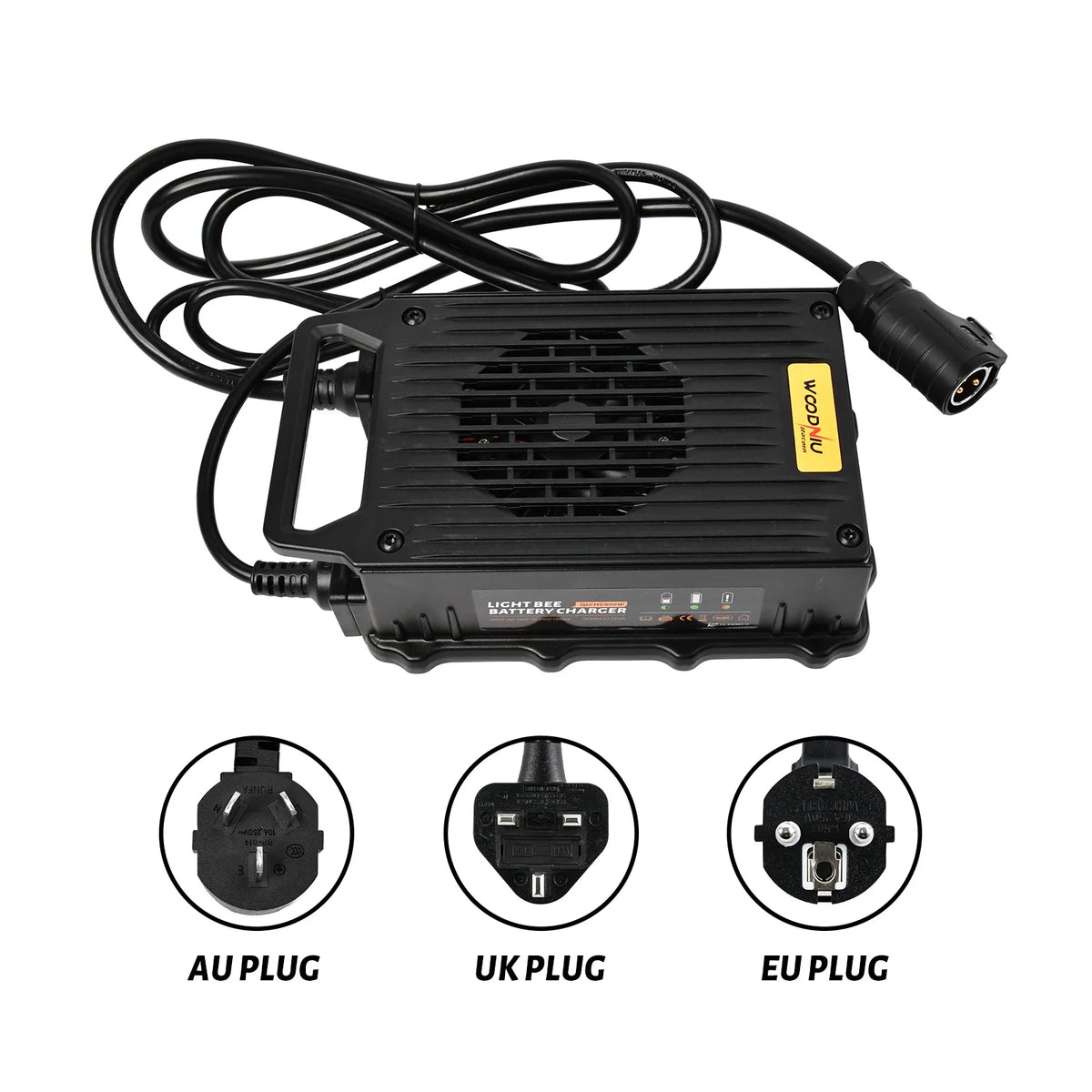 Black universal power adapter with a coiled power cord, featuring a yellow brand label and three circular insets showing AU, UK, and EU plug types on a white background.