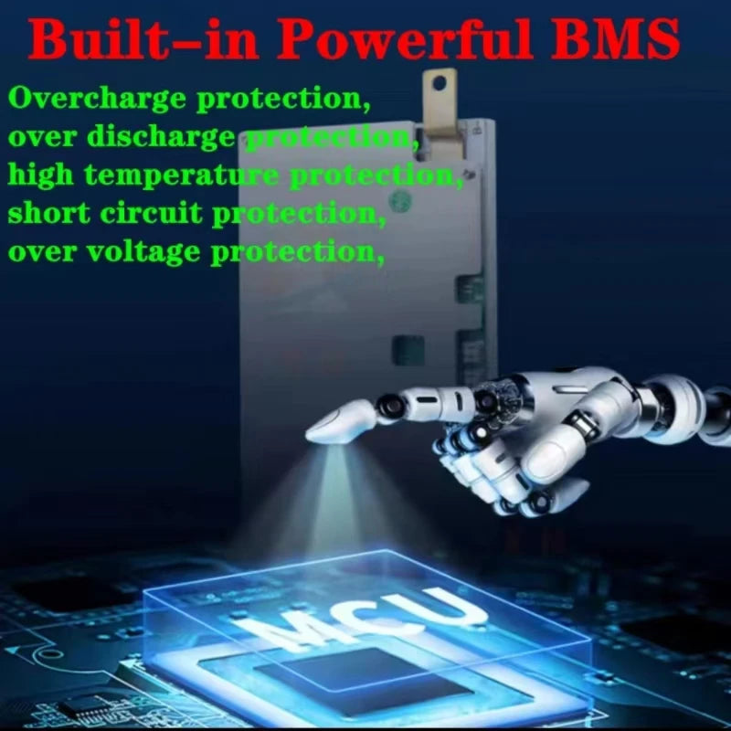 Robotic arm interacting with a circuit board with text about BMS protection features.