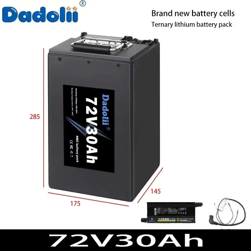 A Dadolii 72V30Ah ternary lithium battery pack shown on a white background with red dimension lines indicating 285, 175, and 145 mm. Smaller accessory components are visible at the bottom right, and text at the top right reads 'Brand new battery cells' and 'Ternary lithium battery pack.