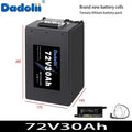 A Dadolii 72V30Ah ternary lithium battery pack shown on a white background with red dimension lines indicating 285, 175, and 145 mm. Smaller accessory components are visible at the bottom right, and text at the top right reads 'Brand new battery cells' and 'Ternary lithium battery pack.