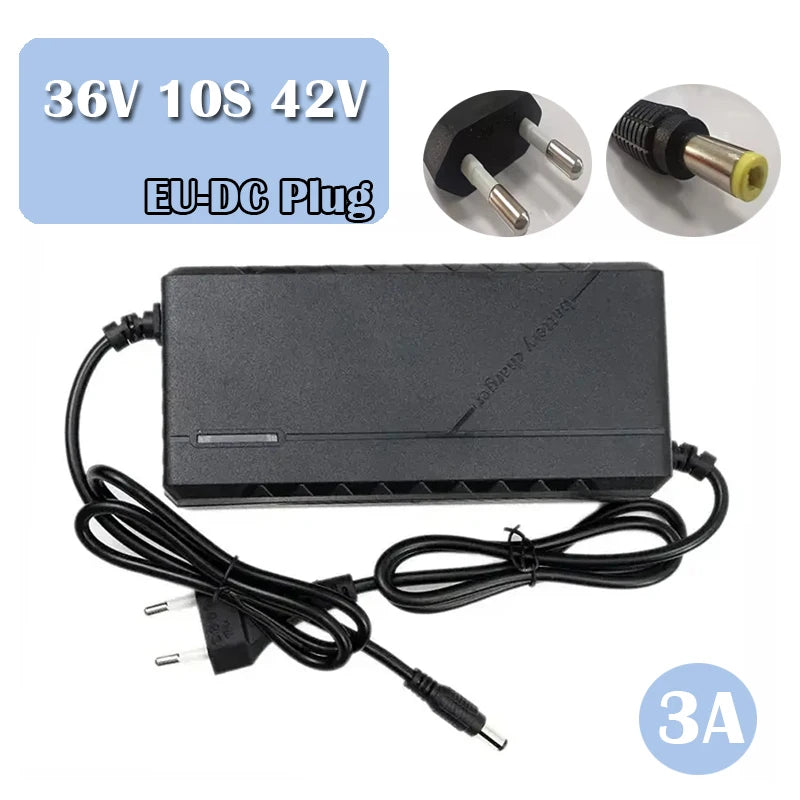 Black DC power adapter with coiled black cable, EU plug, and a 3-pin plug inset, labeled 36V 10S 42V EU-DC Plug, on a white background with a 3A badge.