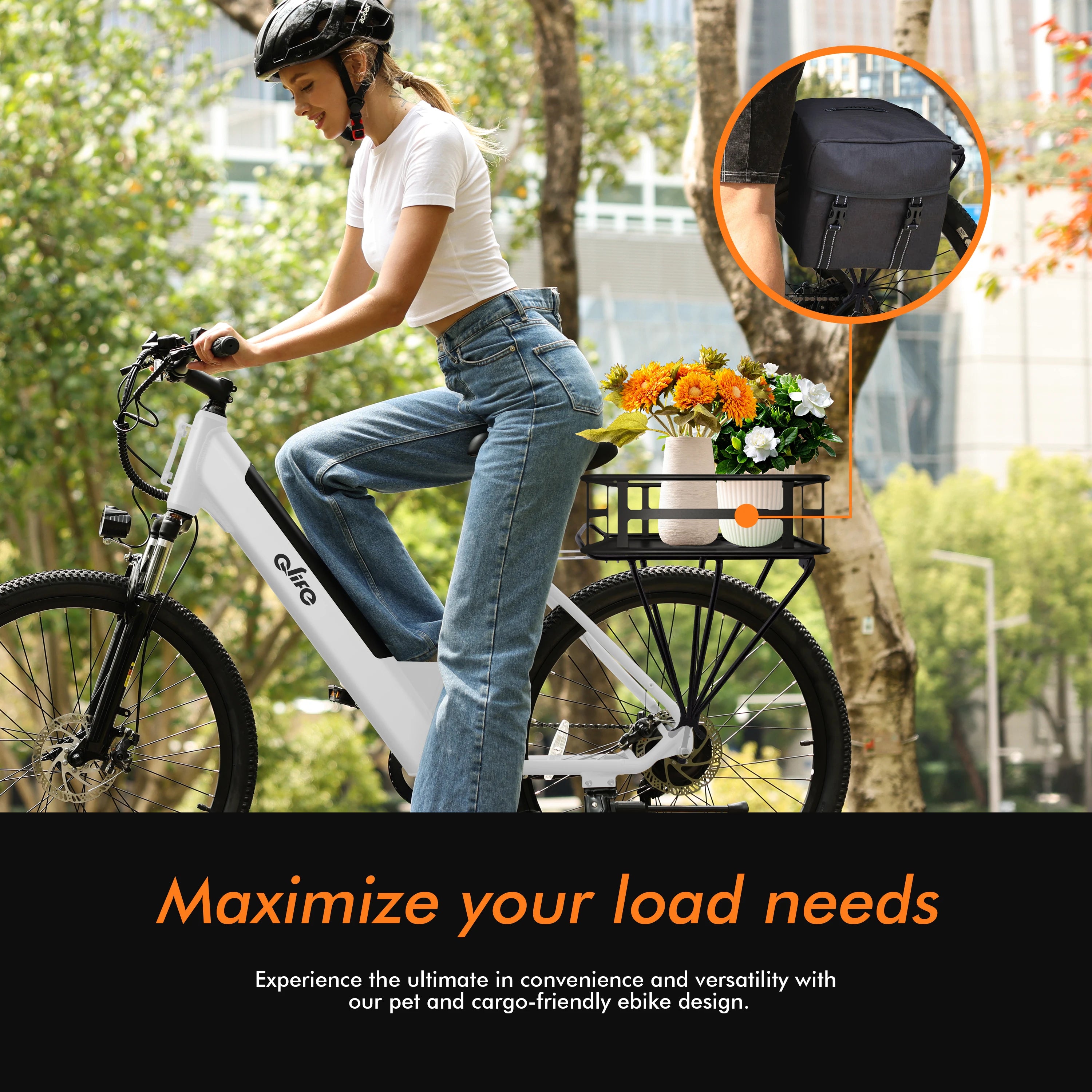 Person riding a cargo bike with a basket full of flowers and a small dog, with an inset showing a black pet carrier.