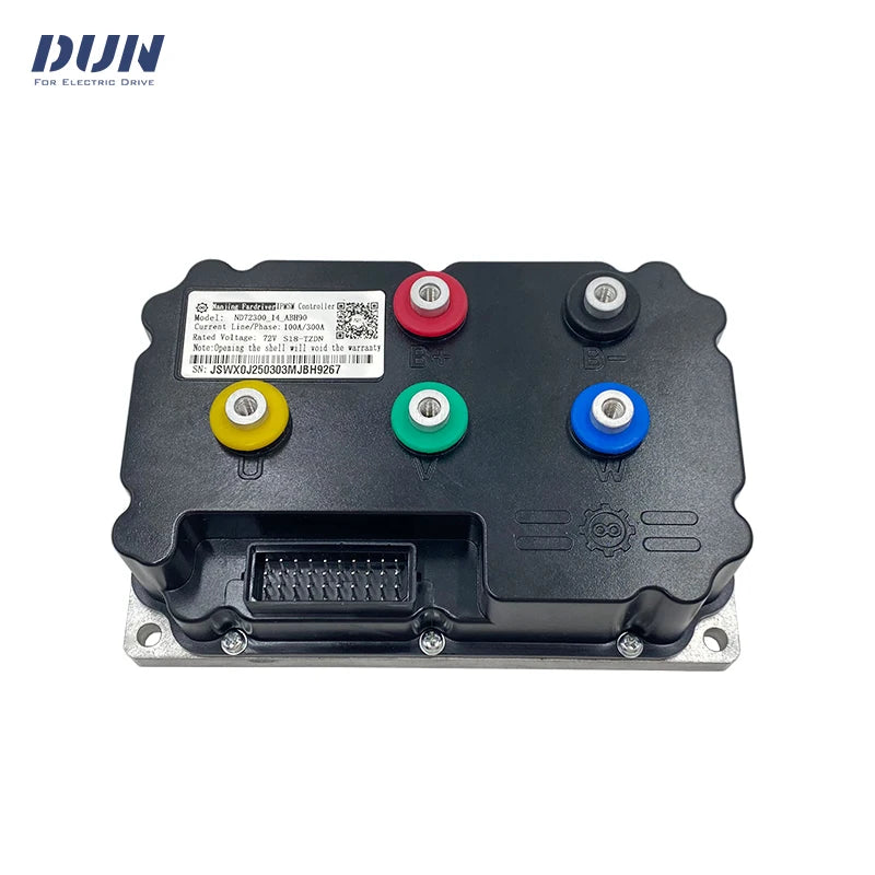 A black industrial electronic control module with five colored terminal caps (yellow, green, red, blue, and silver) and a white technical label, shown on a white background with a DUN brand logo in the top left corner.