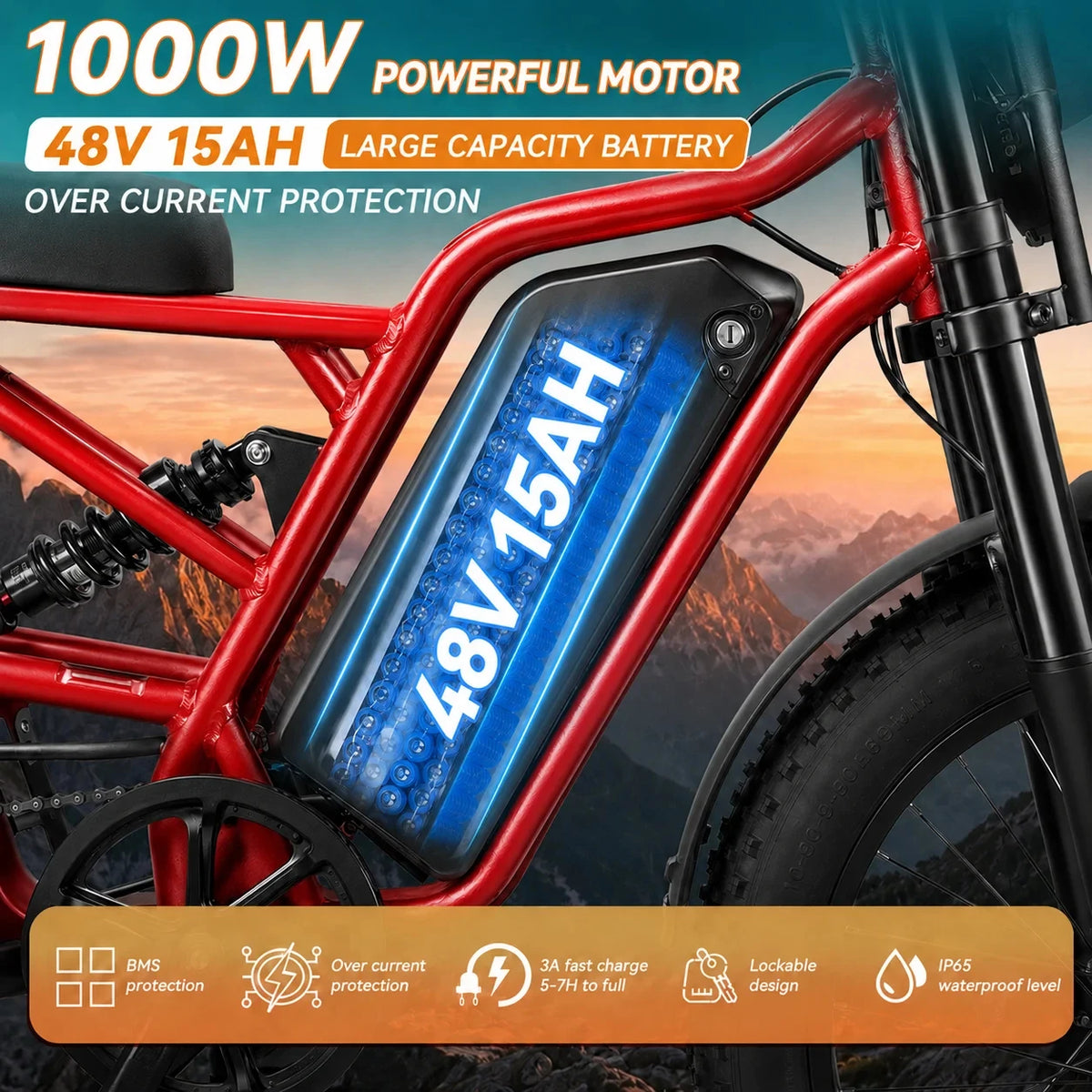 1000W Peak Fat Tire Off-Road E-Bike 48V 15Ah