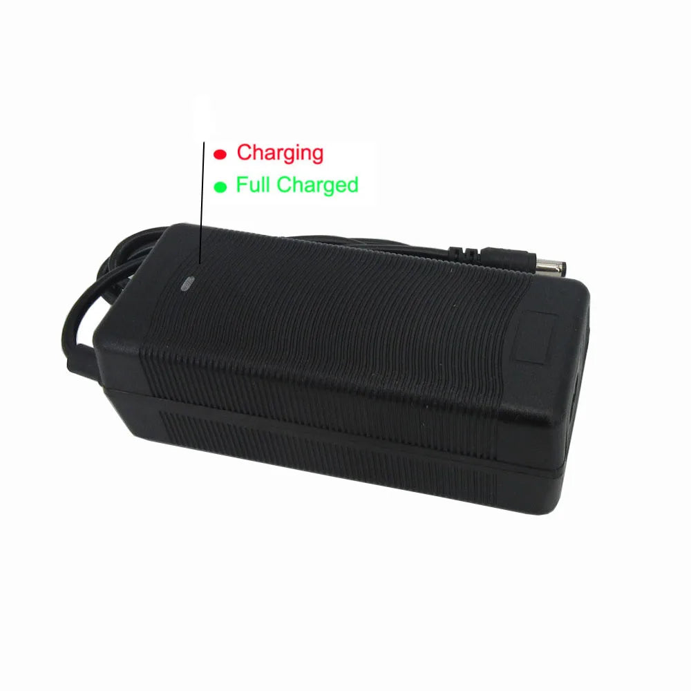 A black rectangular portable power bank or battery charger with a cable and plug, shown on a white background with a small red and green status indicator graphic above it.