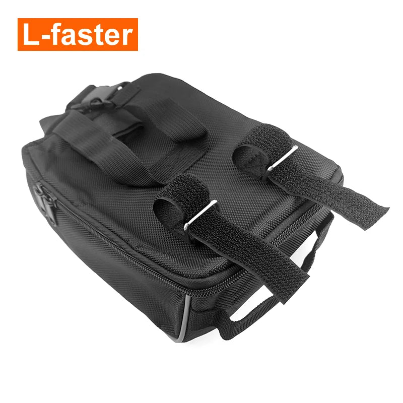 A black textured fabric saddle bag with dual adjustable black webbing straps and silver metal buckles, shown on a white background with an 'L-faster' logo in the top-left corner.
