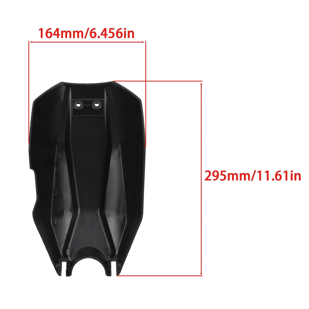 Black motorcycle seat cover with measurements on a white background