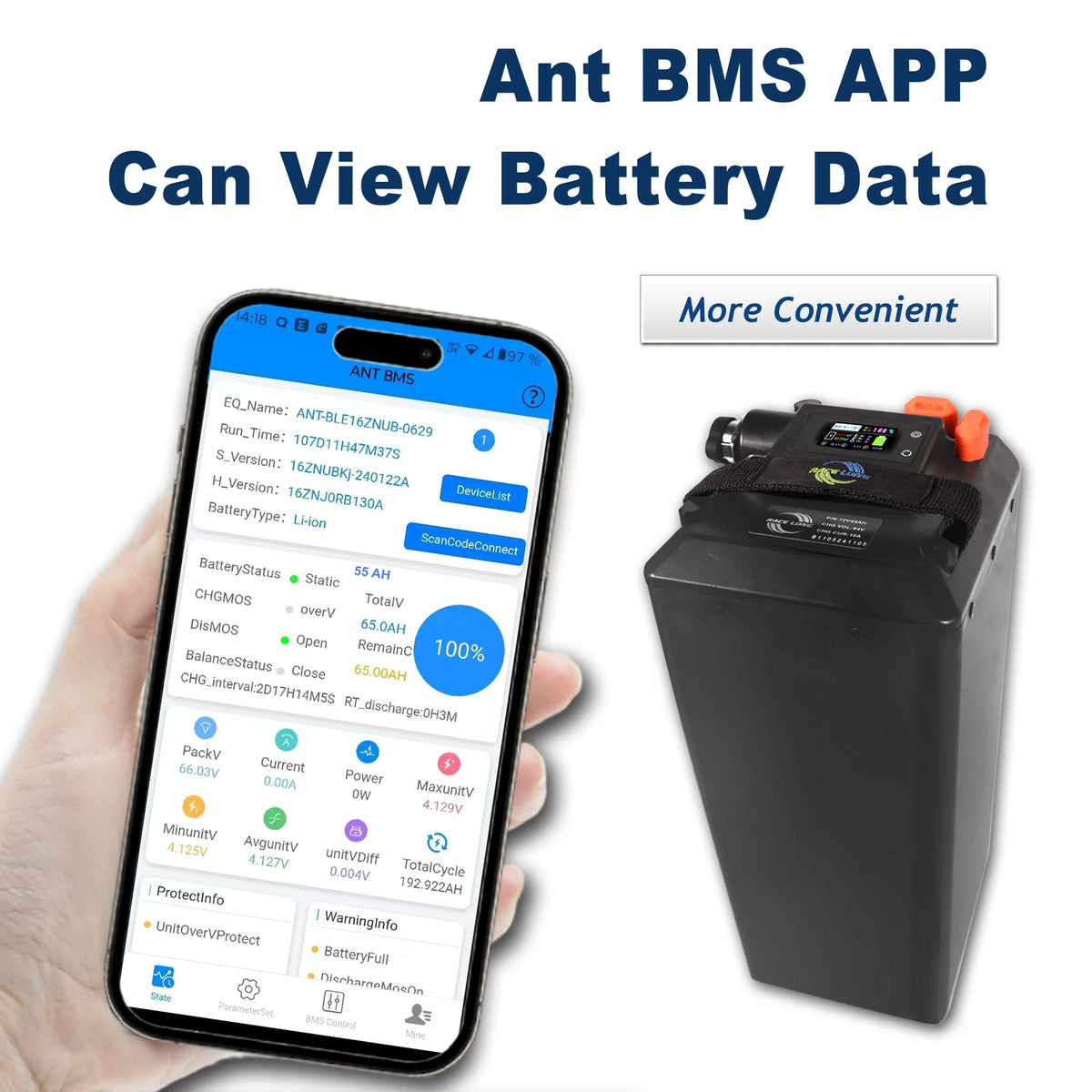 Smartphone displaying Ant BMS APP with battery data on a white background