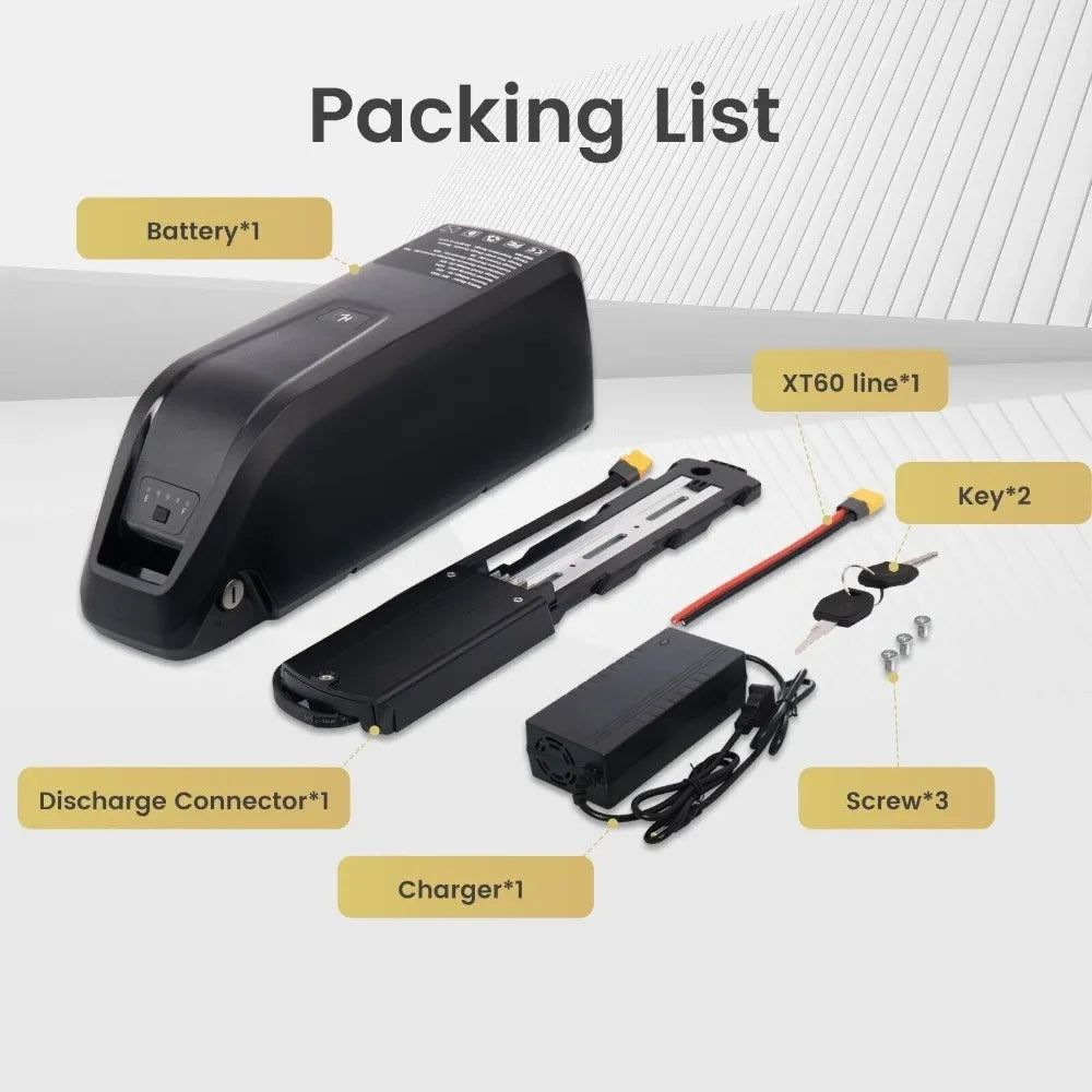 Packing list graphic showing a black handheld battery, battery tray, charger, key, screws, and discharge connector with labels on a light gray background.