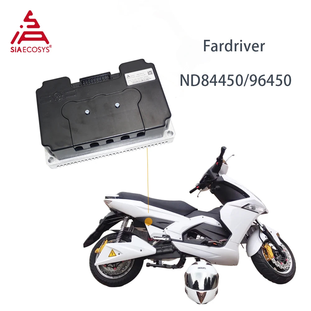 Black electronic device with SIAECOSYS logo, Fardriver ND84450/96450 text, and a white scooter on a white background.