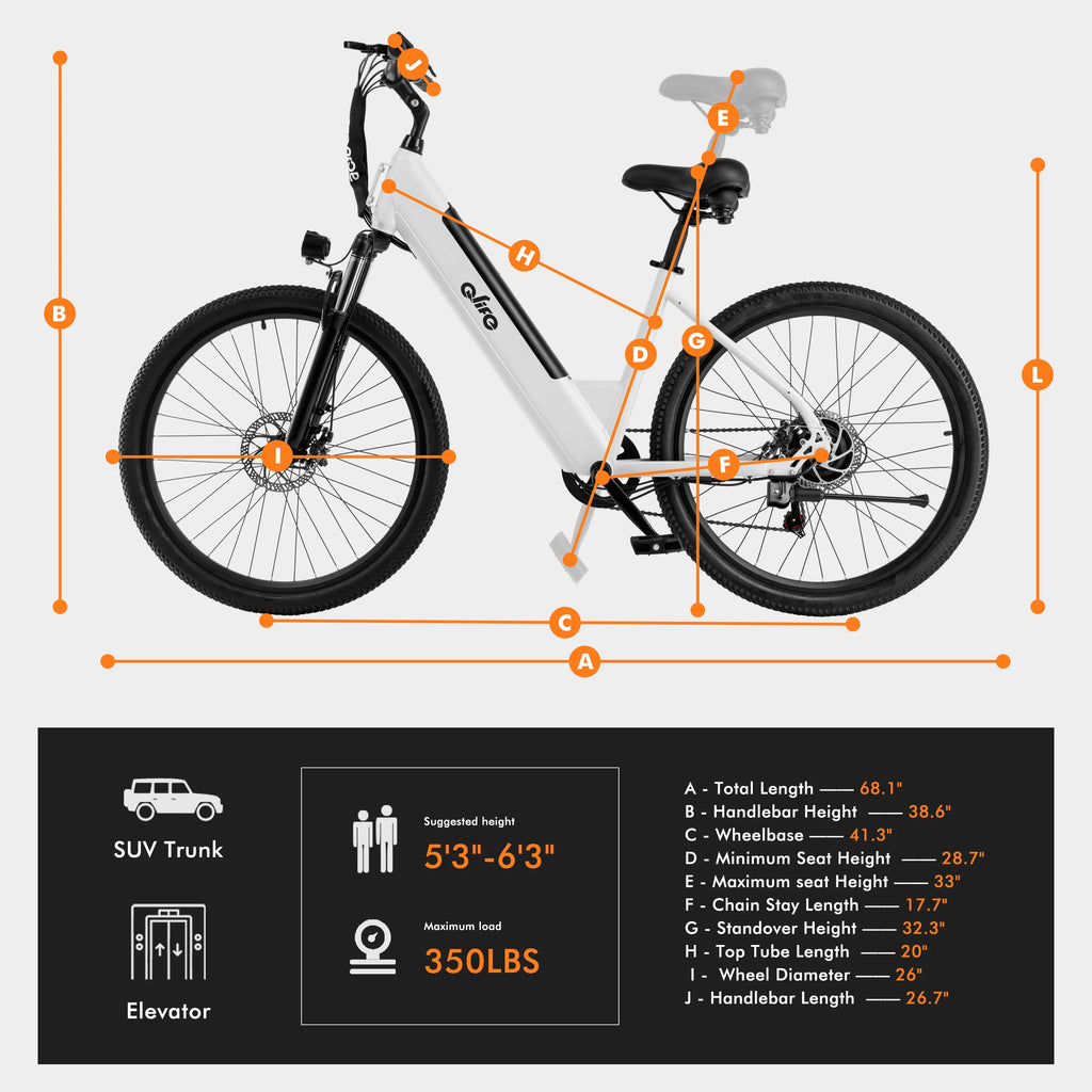 An annotated bicycle measurement diagram showing a white and black electric bicycle with orange measurement lines labeling dimensions A through J, plus a black information panel below with suggested height, elevator capacity, and a list of measurements.