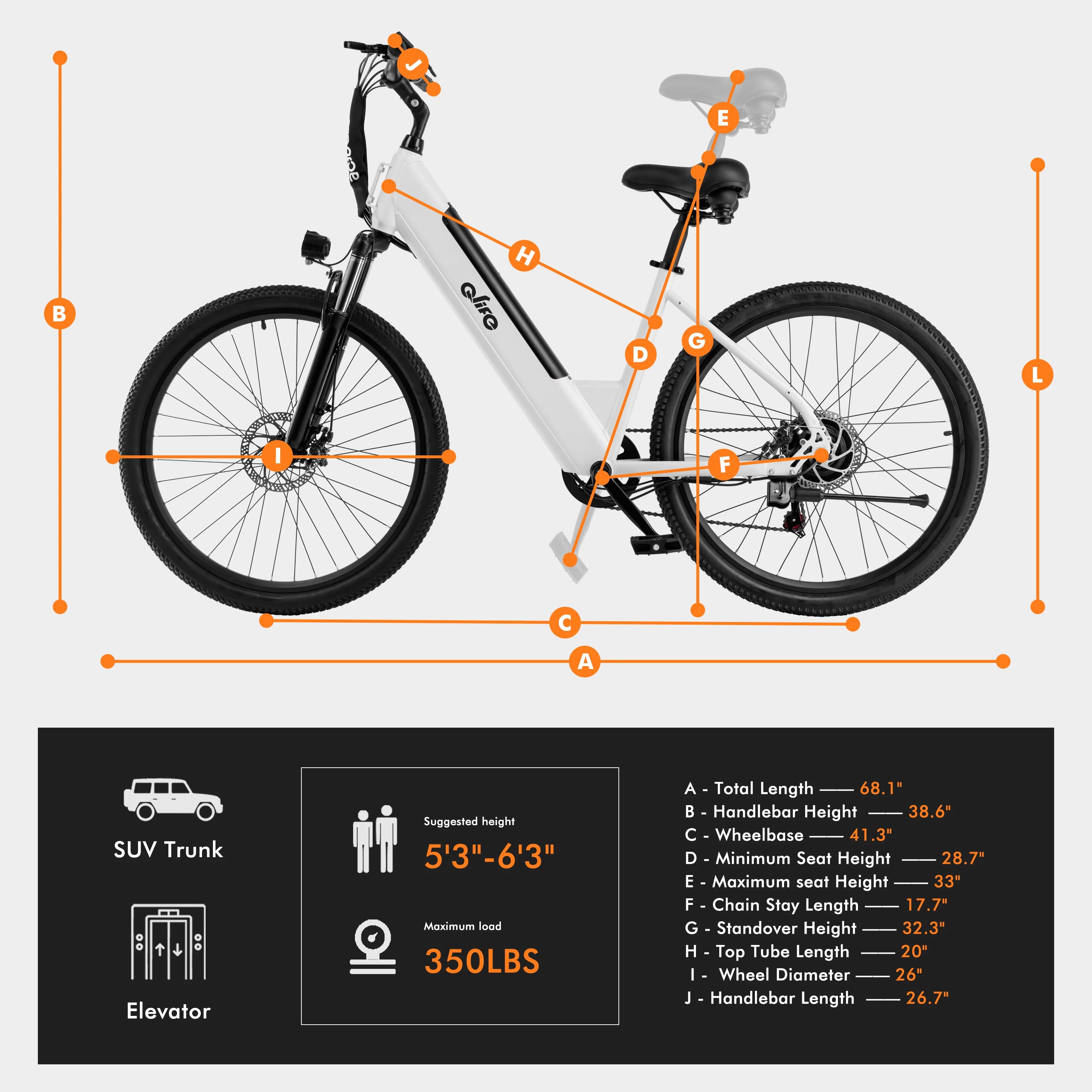 An annotated bicycle measurement diagram showing a white and black electric bicycle with orange measurement lines labeling dimensions A through J, plus a black information panel below with suggested height, elevator capacity, and a list of measurements.