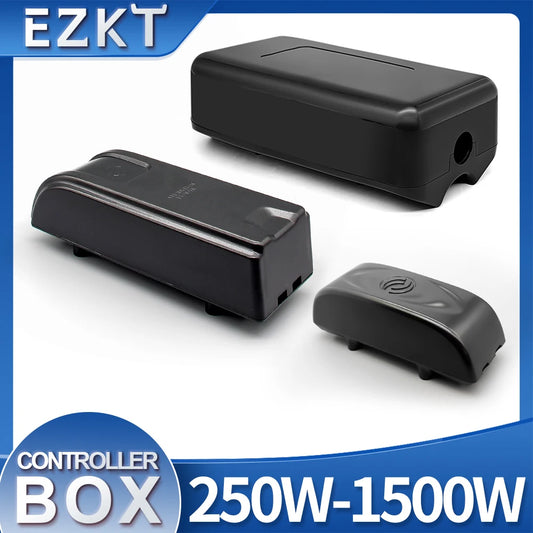 Three black electronic controller boxes shown on a white background with blue branded corner graphics. The products appear to be the EZKT controller box components, with text reading EZKT, CONTROLLER BOX, and 250W-1500W.