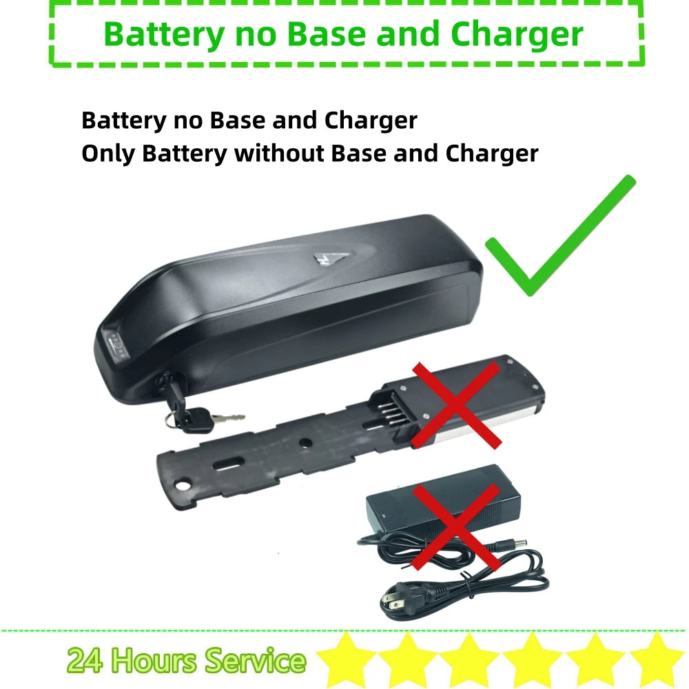 Battery without base and charger on a white background with text indicating exclusions.