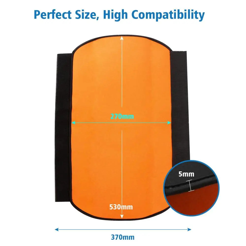 Orange and black product with measurements on a white background