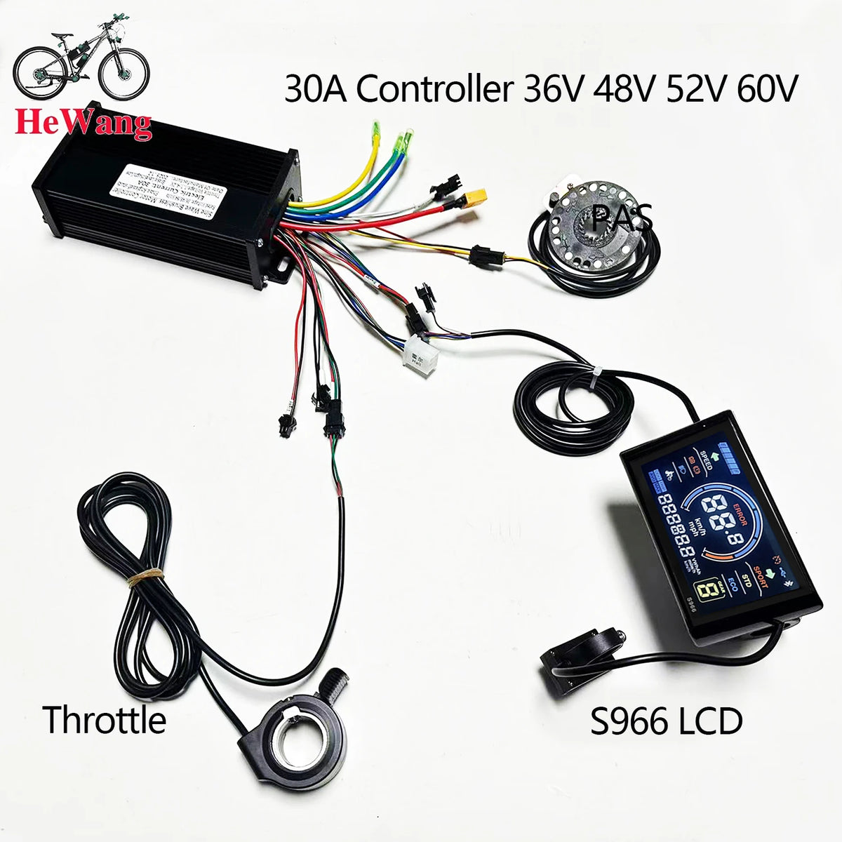 A bicycle speedometer and controller kit by HeWang, featuring a black electronic controller, a digital LCD display screen, a throttle sensor, and a battery connector, all laid out on a white background with text labels.