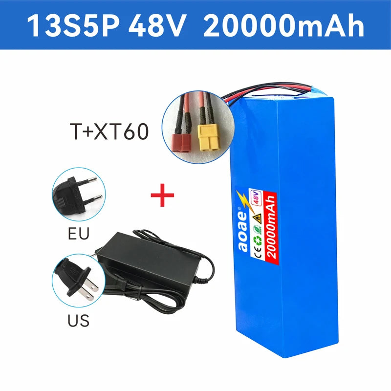 Blue 13S5P 48V 20000mAh LiPo battery pack with a black power adapter, shown on a white background with inset circles showing connector types and plug styles.
