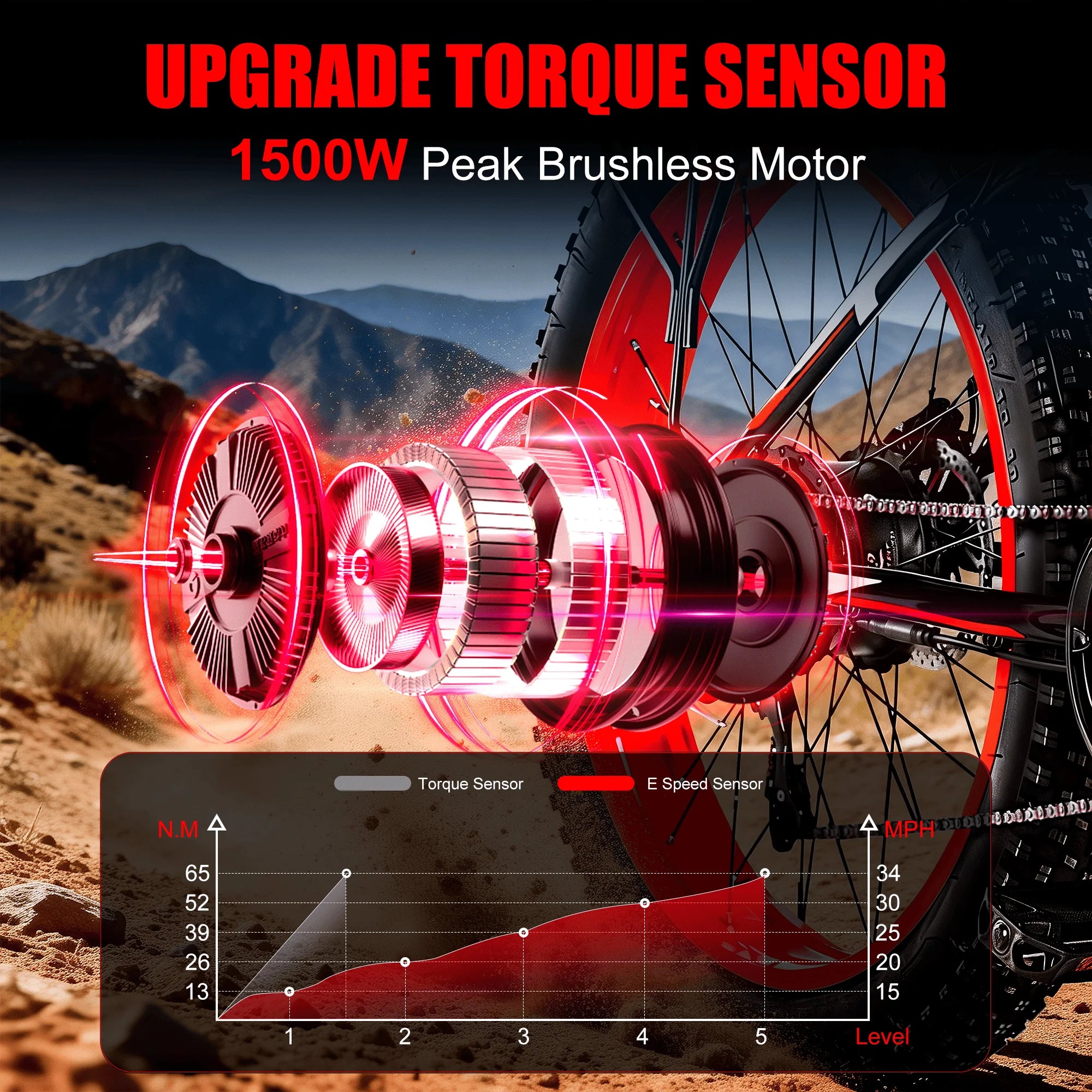 Bicycle with torque sensor and brushless motor in a mountainous landscape